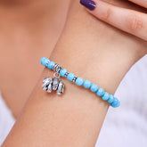 Sky Blue Stone Beaded Elephant Charm Stretch Bracelet in Sterling Silver